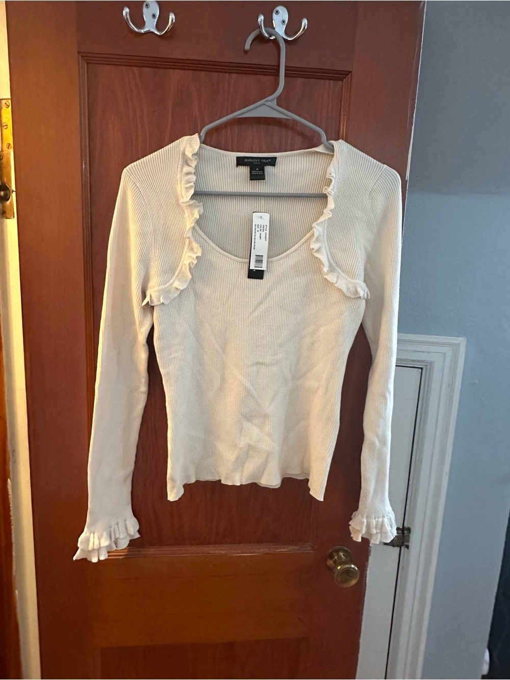 august silk Cream Ribbed Ruffle Scoop Long Sleeve Top